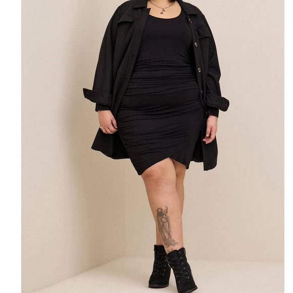 NEW TORRID Dress Ruched Gathers Plus Size 3X Cinched Bodycon Super Soft Black. - Picture 4 of 8